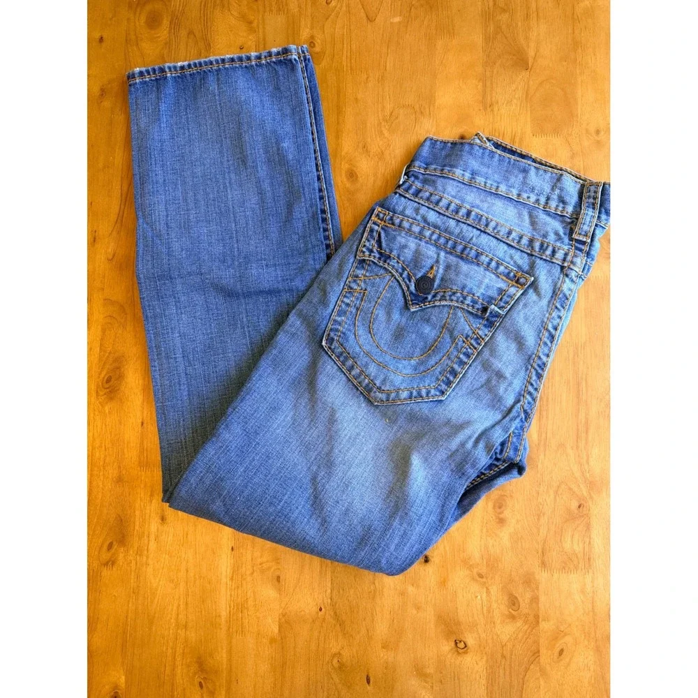 True Religion Mens Distressed Straight Leg Jeans Size 31 Horseshoe Stitch 576